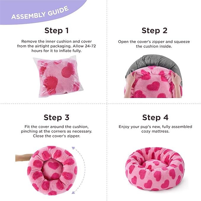 Lesure Donut Small Dog Bed - Round Cat Beds for Indoor Cats Anti-Anxiety Calming Pet Beds, Washable Cute Modern Beds with Teddy Sherpa Plush & Anti Slip Bottom, 23 Inch, Heart Pink