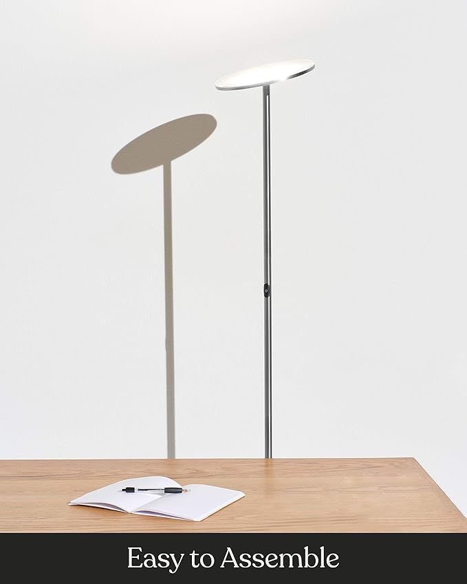 Brightech Sky LED Floor lamp, Torchiere Super Bright Floor Lamp for Living Rooms & Offices - Dimmable, Tall Standing Lamp for Bedroom Reading - Platinum Silver