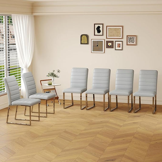 Modern Dining Chairs Set of 4, White Faux Leather Kitchen Chairs, Upholstered Armless Dining Room Chair with Gold Mental Legs Heavy Duty, Comfortable (Grey Chiars, Set of 6)