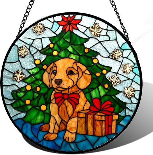 Stained Glass Window Hanging Green Christmas Tree Snowflake Dog 7.8" - Suncatcher Door Garden Sun Catcher Xmas Holiday Decor Birthday for Mom Men Woman Friend Nana