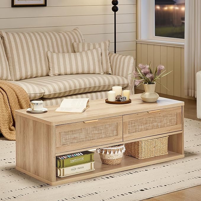 LEYAOYAO Boho Rattan Coffee Table and End Table Sets, 48" Wide Center Tables & 23" Night Stand with Charging Station Chest of Drawers, Natural Wood Coffee Table for Living Room 3 Piece Set