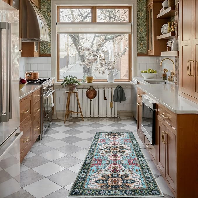 WILLSUN Washable Area Rugs, 2x6 Non-Slip Boho Area Rugs for Kitchen, Living Room, Bedroom, Machine Washable Vintage Rug, Indoor Floral Print Carpet for Home Decor, Kid & Pet Friendly Mat