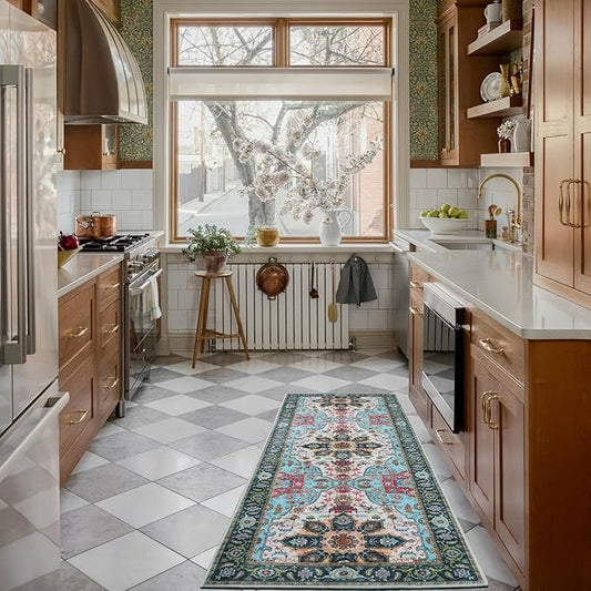 WILLSUN Washable Area Rugs, 2x6 Non-Slip Boho Area Rugs for Kitchen, Living Room, Bedroom, Machine Washable Vintage Rug, Indoor Floral Print Carpet for Home Decor, Kid & Pet Friendly Mat