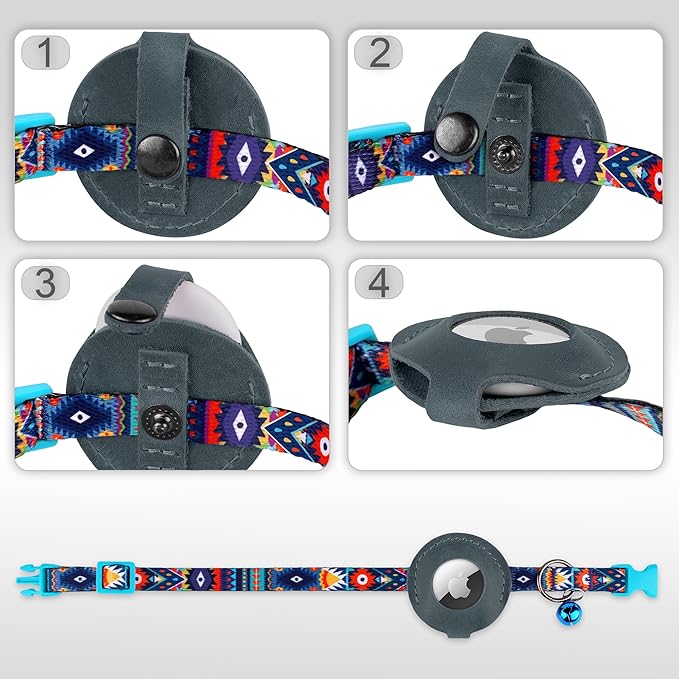 Airtag Cat Collar with Bell - Non Breakaway Soft Pet Collar with Leather Air Tag Holder - Adjustable GPS Anti-Lost Collars for Girl Boy Cats Kitten Puppies, Lightweight and Patterned (Aztec Blue)