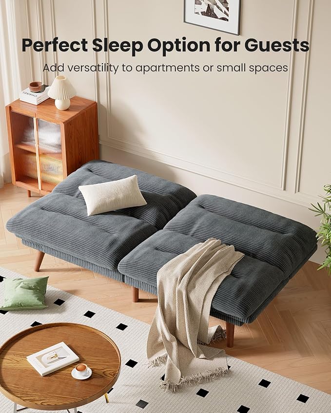 Amada 66" Convertible Futon Sofa Bed, Corduroy Folding Futon Set with Adjustable Backrest &Armrests, Recliner Lounge for Living Room, Apartment or Office, Solid Wood Frame, Loveseat Sofa - Grey