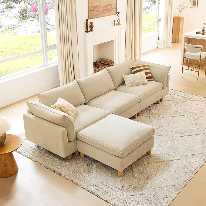 CHITA 127" Super Large Sectional Couches for Living Room, Modular Cloud Couch Sectional Sofa, Premium Fabric Couches, Down Filled, High Density Foam, Chenille in Beige, 4 Seat L Shaped