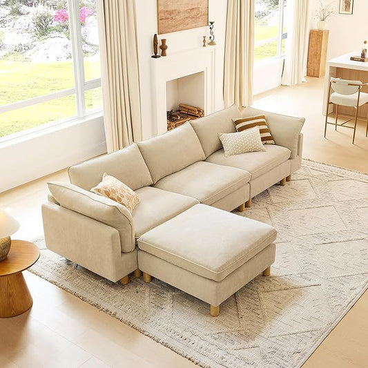 CHITA 127" Super Large Sectional Couches for Living Room, Modular Cloud Couch Sectional Sofa, Premium Fabric Couches, Down Filled, High Density Foam, Chenille in Beige, 4 Seat L Shaped