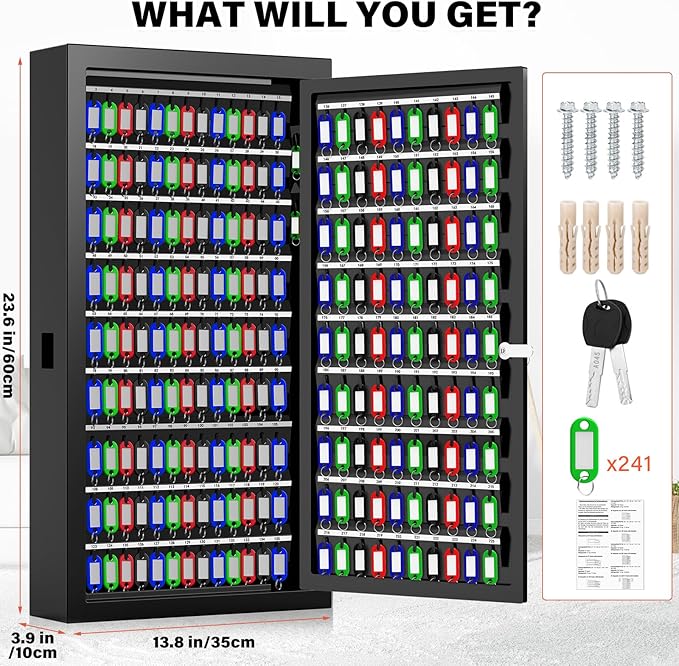 225 Keys Key Lock Box Wall Mount with Additional 16 Side Hooks and Key Tags, Anti-Theft Key Box Key Cabinet with Side Opening, Key Organizer Key Safe for Home Office Garage Rental Business