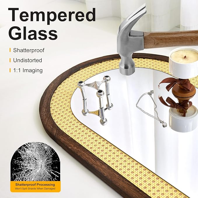 Arched Full Length Mirror with Solid Wood Frame & Rattan Panel, 64"x21" Rustic Wall Mounted Floor Mirror - Free Standing, Leaning Against Wall, Wall-Mounted for Bedroom Living Room (Brown)