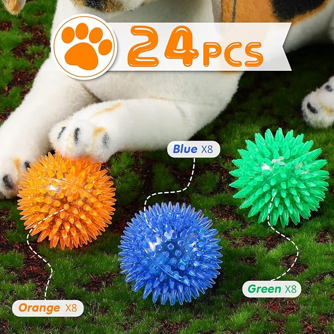 Yunsailing 24 Pack Squeaky Dog Toys Balls 2.56'' Spiky Dog Balls Floating Pool TPR Puppy Fetch Chew Toy for Small Medium Doggy Aggressive Chewers Clean Teeth Training(Blue, Green, Orange)