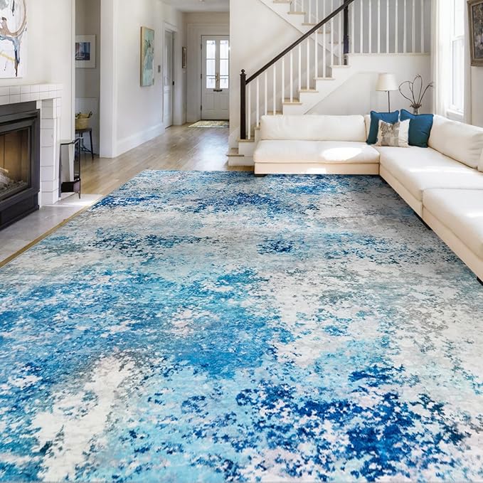 9x12 Area Rugs Living Room Rug - Washable Neutral Modern Abstract Large No Slip Soft Thin Rug Indoor Floor Carpet for Bedroom Under Dining Table Home Office Nursery Room - Blue White