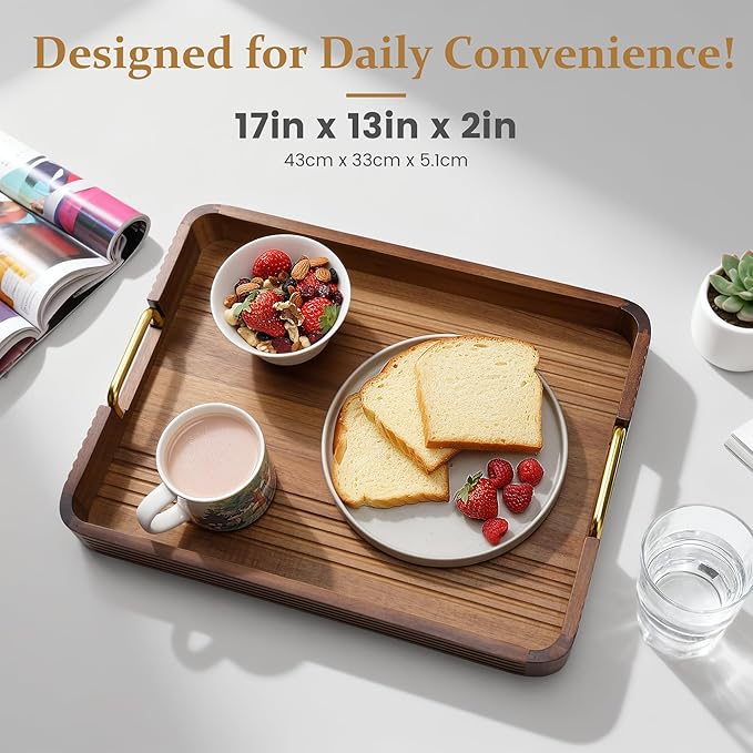 Acacia Wood Serving Tray with Metal Handles – 17x12in Rustic Decorative Ottoman & Coffee Table Tray for Breakfast in Bed, Dinner, Bar, Kitchen, Home Décor & Entertaining