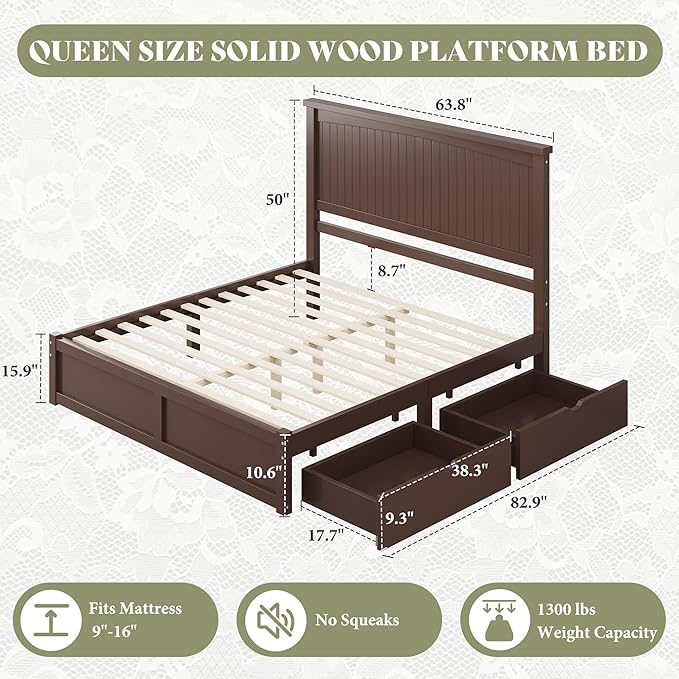 AMERLIFE Queen Size Solid Wood Bed Frame with 50" Tall Headboard, Mid-Century Modern Bed with Storage, Wooden Platform Bed Frame with 2 Drawers, No Box Spring Needed, Espresso
