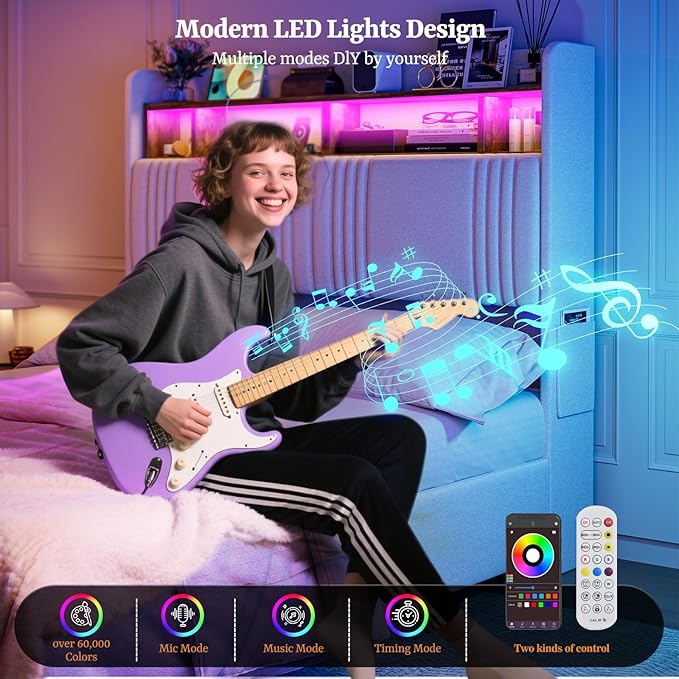 IKIFLY Queen Bed Frame with Hidden Storage Headboard & 4 Drawers, 49.2” Tall Upholstered Wingback Headboard with LED Lights and Charging Station, No Box Spring Needed, Solid Wood Slats, White