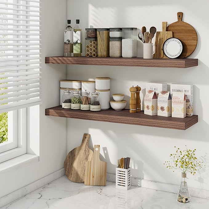 Fun Memories 36 Inch Floating Shelves, 9.3 Inch Deep Rustic Wall Shelves - Extra Deeper Wall Mounted Storage Shelves for Bathroom, Kitchen, Living Room (Walnut, Set of 2)