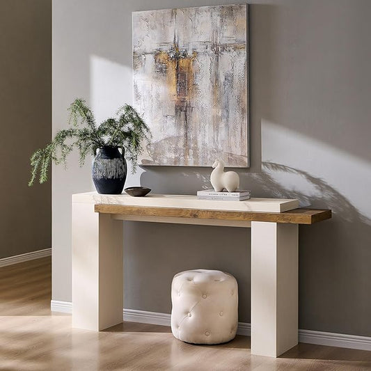 OKD 63 Inch Modern Entryway Console Table, Solid Geometry Accent Sofa Table Behind The Couch, Narrow Console Table for Entryway, Hallway, Living Room, Foyer, Antique White