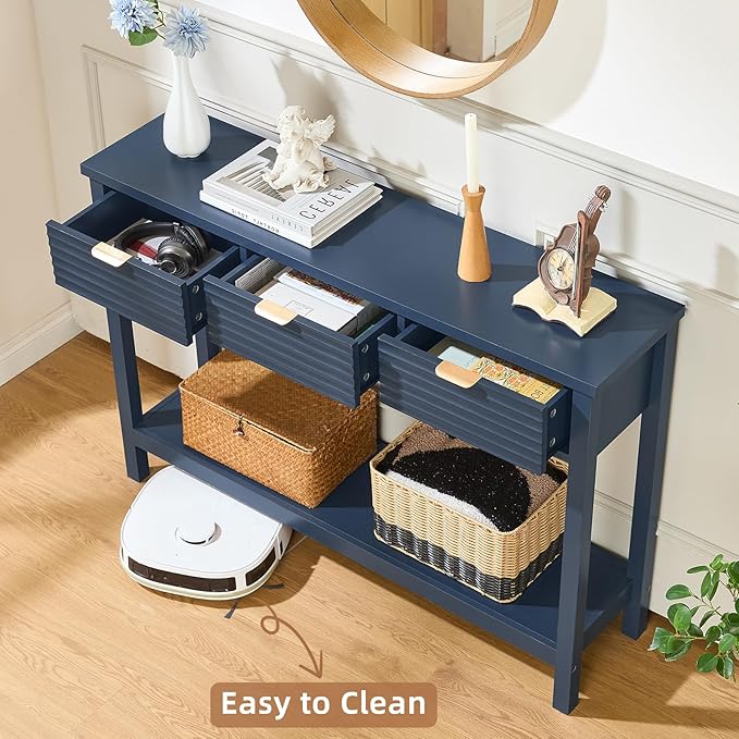 LEYAOYAO Fluted 47.2" Console Table with 3 Drawers, Modern Wood 2 Tier Entryway Table with Open Storage Shelf, Sofa Entry Tables Behind Couch for Living Room, Hallway, Entrance Foyer, Dark Navy Blue