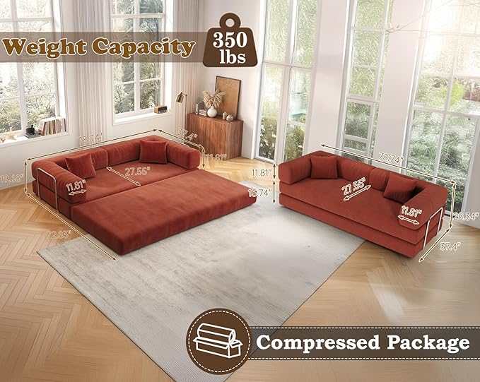 Antetek Convertible Futon Sofa Bed, 3-Seater Modern Corduroy Foam Floor King Size Bed Fold Out Sleeper Lounge Loveseat Sofa Couch with 2 Throw Pillows for Living Room Bedroom Guest Room, Tangerine