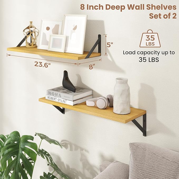 Axeman 24 Inch Floating Shelves | 8 Inch Deep Oak Wall Shelves Set of 2 | 24W x 8D Rustic Wood Shelves for Bookshelf Living Room Bedroom Home Office Bathroom