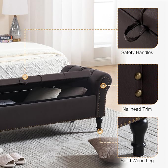Faux Leather Storage Bench 67 Inch Upholstered Tufted Ottoman Bench with Arms Large Storage Space King Size End of Bed Bench for Bedroom Living Room Entryway Whiskey Coffee