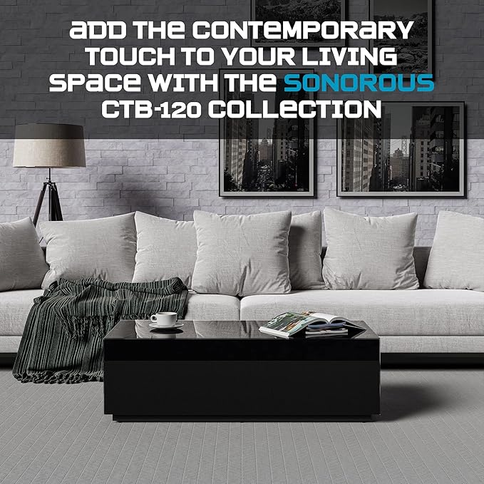 SONOROUS Premium Tempered Glass Coffee Table - Modern Black Rectangular Coffee Tables for Living Room - High Gloss Fingerprint Resistant Mid Century Design - Stylish Living Room Furniture & Décor