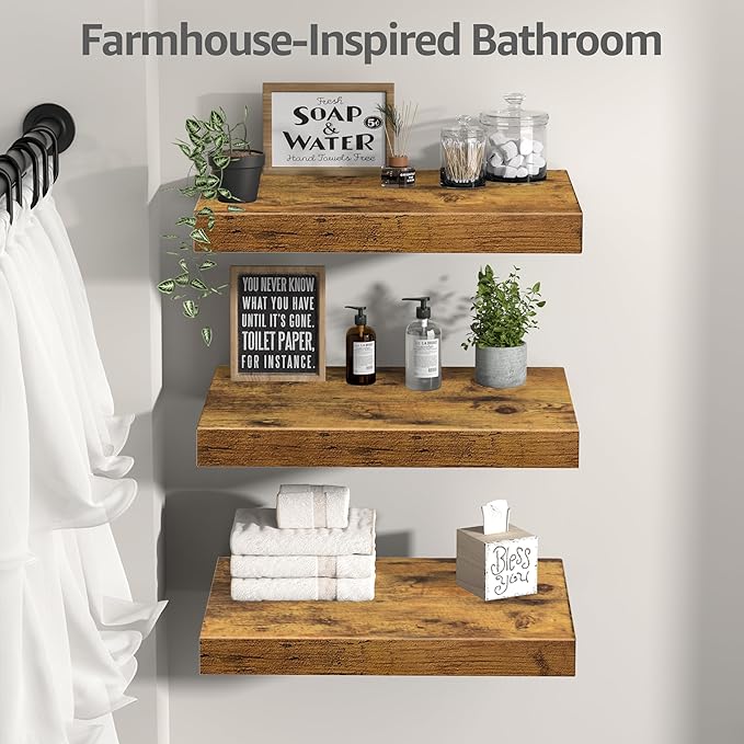 QEEIG 12" Deep Floating Shelves for Wall - 12 x 16 inch Book Shelf Bathroom Bedroom Kitchen Living Room Hanging Bookshelf Farmhouse Set of 3, Brown (026-40BN3)