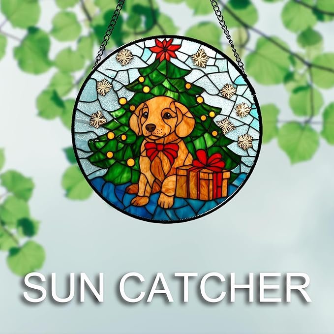 Stained Glass Window Hanging Green Christmas Tree Snowflake Dog Large 15" - Suncatcher Door Garden Sun Catcher Xmas Holiday Decor Birthday for Mom Men Woman Friend Nana