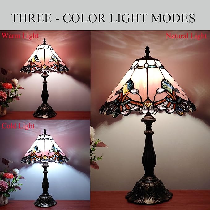 Tiffany Lamp Stained Glass Lamp 3 -Way Tiffany Style Antique Lamp Vintage Pink Baroque Style Bedside Table Light for Home Office (Included 3 Colors LED Bulb)