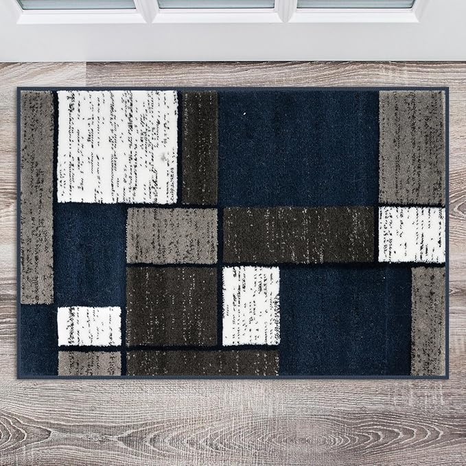 Rugshop Modern Geometric Boxes Navy Area Rug, Non-Shedding Carpet for Entryway, Bathroom, or Small Space, 2' x 3'