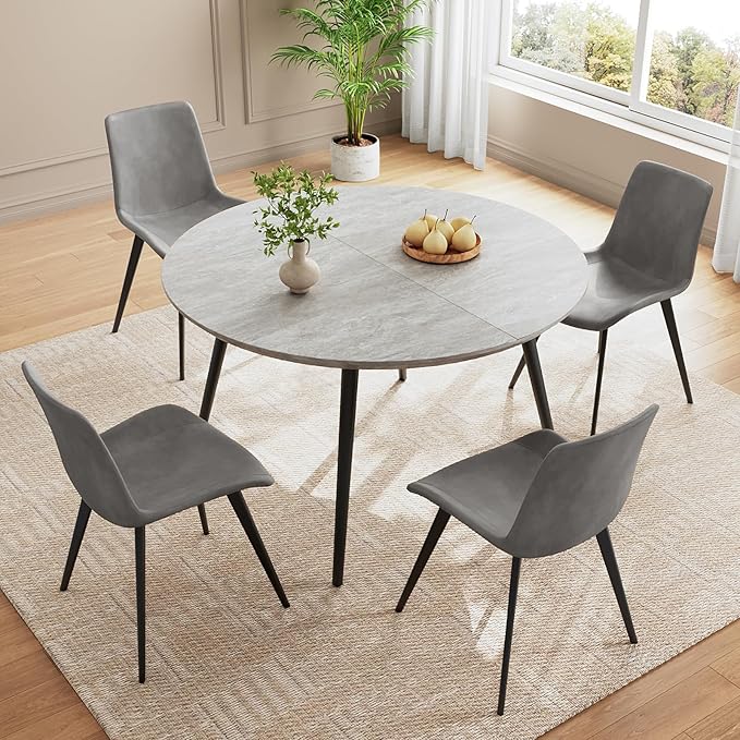 43.3"-59.1" Extendable Dining Table Set with Metal Legs, Wooden Round Kitchen Table for 4-6 Person, Gray Coffee Table w/Easy-Clean Tabletop
