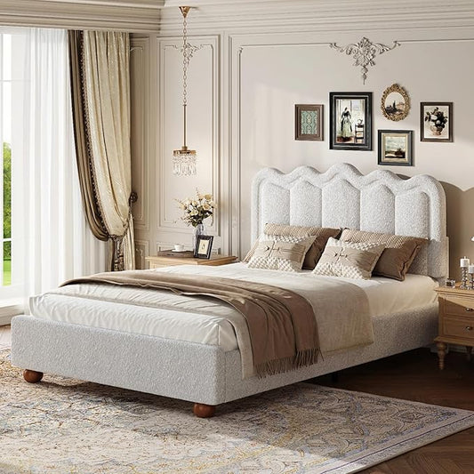 Queen Size Bed Frame with Headboard, Boucle Bed Frame, Soft Upholstered Platform Cloud Bedframe with Footboard, Solid Wood Legs, Solid Wooden Slats Support, No Box Spring Required, Easy Assembly
