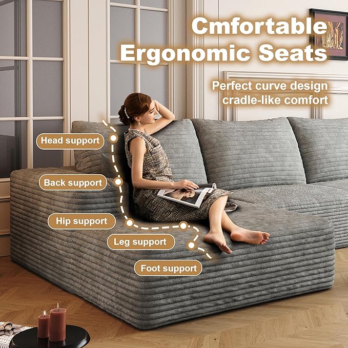 136" Sectional Couches for Living Room Modern Modular Sofa with L-Shape Couchs Upholstered Boneless Couch Deep Seat Sectional Couch with Chaise (Grey, Left Facing Chaise+3Seaters+Ottoman)