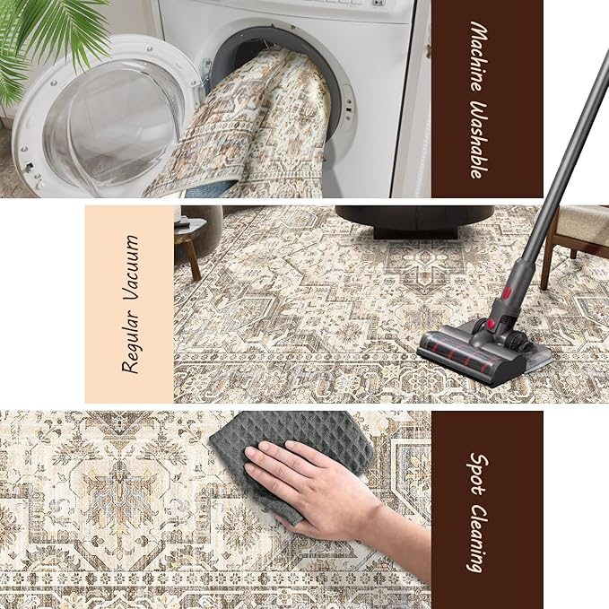 Area Rug 5x7 Rugs for Living Room, Area Rugs Washable Rugs, Vintage Rug for Bedroom Dinning Room, Home Decor Living Room Area Rugs (Brown Beige 5X7)