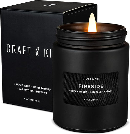 Craft & Kin Premium Smokey Fireside Candle | Christmas Scented Candles for Men | Men Candles with Wood Wicked | Long Lasting with 45 Hour Burn Time - 7.6oz
