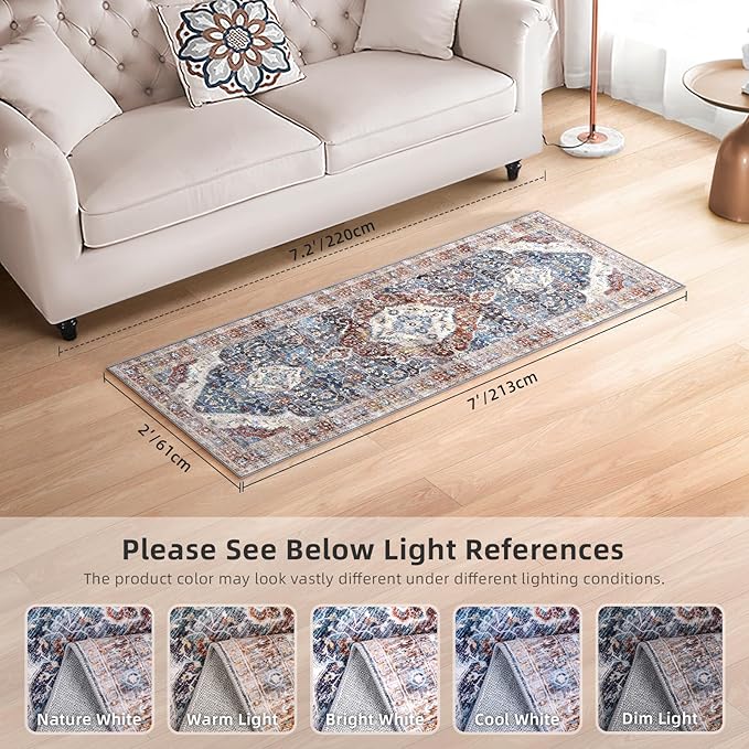 Deerly 2x7ft Bohemian Kitchen Runner Rug - Floral Design, Soft Low Pile, Non-Slip, Border Brown/Navy Blue