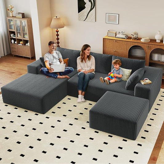 96" U-Shape Cloud Couch, Modern Modular Sectional L-Shape Sofa with Ottoman, Corduroy Upholstered Couches Deep Seat Chaise Longue for Living Room, No Assembly Required(Dark Gray, Left Facing)