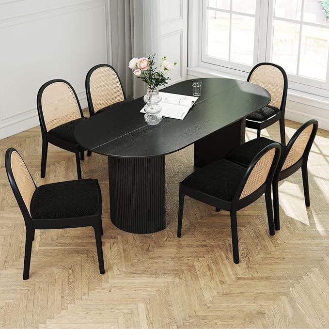 LukeAlon Modern Sherpa Dining Chairs Set of 6, Natural Woven Rattan Cane Back Side Chairs with Solid Wood Legs Mid Century Dinner Chairs for Kitchen Living Room, Black