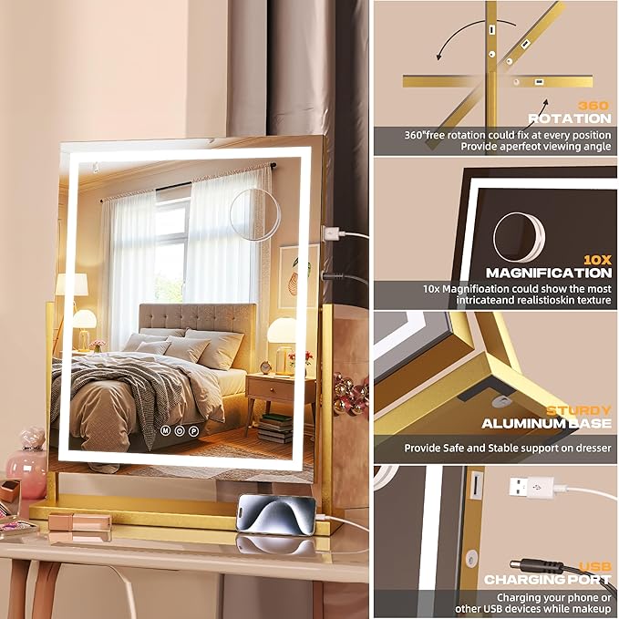 Hasipu Vanity Mirror with Lights, 17" x 22" LED Makeup Mirror, Light up Mirror with Smart Touch 3 Color Modes and Brightness Adjustment, 10X Magnifying Glass,360° Rotation (Gold)