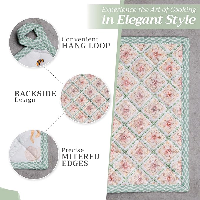 Maison d' Hermine Pot Holders Set 100% Cotton Heat Resistant Potholders 8" x 8" Hot Pads with Loop BBQ, Cooking, Baking, Grilling, Kitchen, Handling Hot Pans Spring/Summer (Pack of 2, Easter Dew)