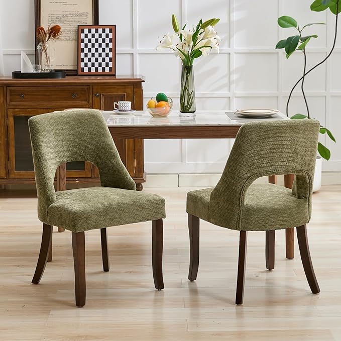 UVV Wooden Dining Chairs Set of 6, Mid Century Modern Chenille Upholstered Dining Room Chair Kitchen Chairs, Farmhouse Dinner Chair with Solid Wood Legs for Kitchen Dining Room, Green