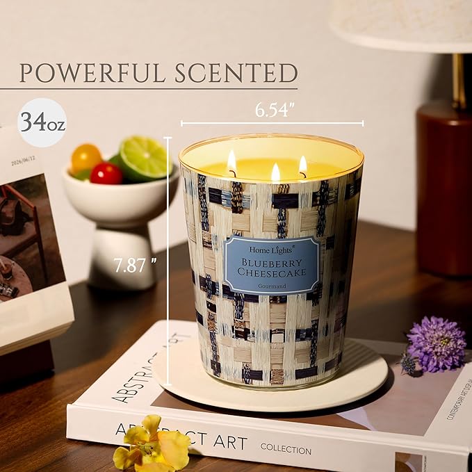HomeLights Scented Candles for Women & Men, 34oz Candle Jars Aromatherapy 3-Wick Candle, Ideal for Rustic Modern Home Decor and Gifts, Blueberry Cheesecake