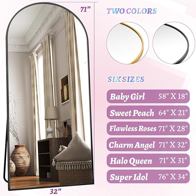 Full Length Mirror, 71"x32" Arched Floor Mirror Freestanding, Oversized Floor Standing Full Body Mirror with Stand for Bedroom, Hanging Mounted for Living Room Cloakroom, Black