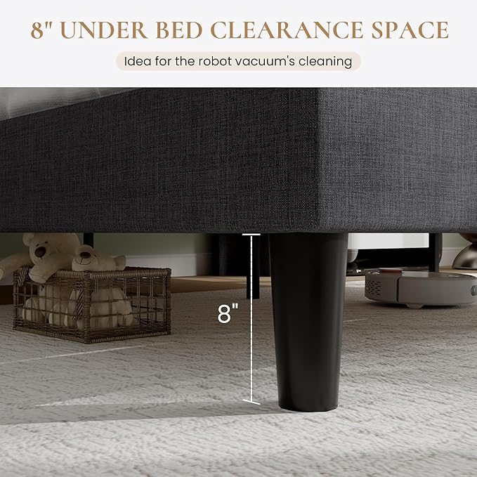 SHA CERLIN Queen Platform Bed Frame with Charging Station, Velvet Wingback Headboard with Storage Shelf, Wooden Slats Support, Ample Under-Bed Space, No Box Spring Needed, Easy Assembly, Dark Grey