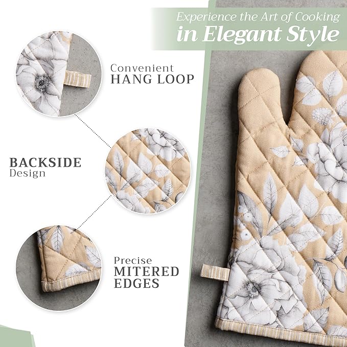 Maison d' Hermine Oven Gloves 100% Cotton Oven Mitt 7" x 13" with Loop Heat Resistant BBQ Cooking Gloves for Thanksgiving Christmas Decorations Baking Handling Hot Pans (Pack of 1, Pretty Autumn)