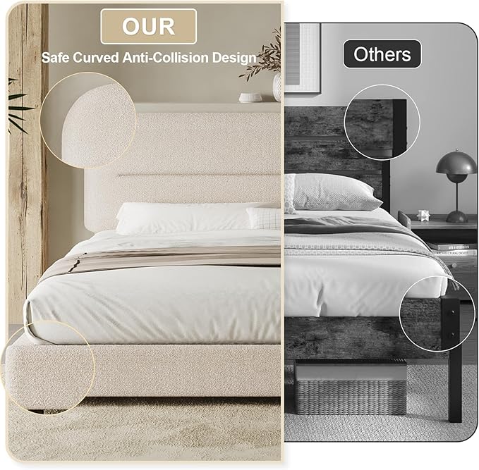 HOMBCK Full Size Boucle Bed Frame, Upholstered Cloud Bed with Headboard, Soft Bed Frames, Modern Style/Thickened Footboard/Rounded Corners Design/No Box Spring Required/Easy Assembly, Beige