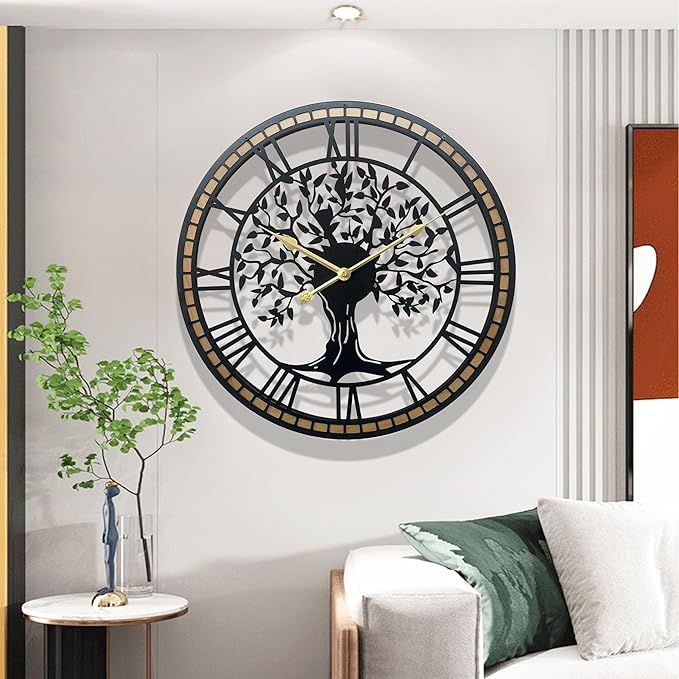 Large Wall Clock for Living Room Decor 24 Inch Tree of Life Metal Wall Art - Oversized Non-Ticking Battery Operated Silent Clock for Kitchen/Bedroom Home Decor