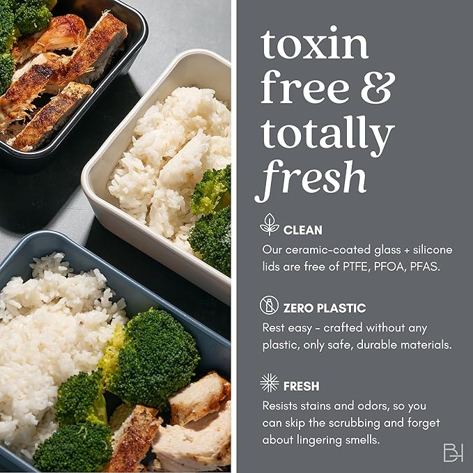 Ceramic Coated Glass Food Storage Container | No PTFE, PFOA, PFAS, and BPA | Reusable Non Toxic Meal Prep Container with Glass Lid | Easy To Store | 8 Cup Square [Crema]