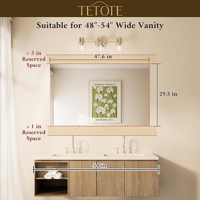 TETOTE Frameless Mirror 48" x 30" Frameless Bathroom Vanity Mirror for Over Sink with Tempered Glass, Bedroom, Entryway, Hallway, Home Gym, Horizontal or Vertical