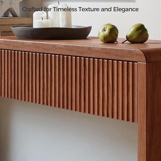 Evermagin 59'' Walnut Entryway Table with Drawers, Fluted Console Table, Mid Century Modern Sofa Table with Storage for Living Room, Entrance, Hallway