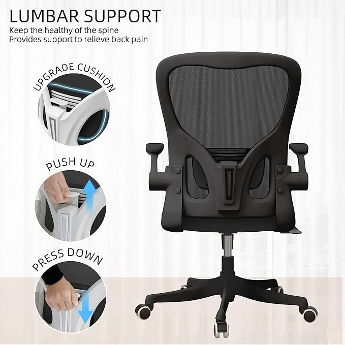 Office Chair,Ergonomic Comfy Home Desk Chair with 350LBS Capacity,High Back Gaming Chair with Wheels,Mesh Computer Chair,Lumbar Support, Adjustable Headrest,Flip-up Armrest (07Black)